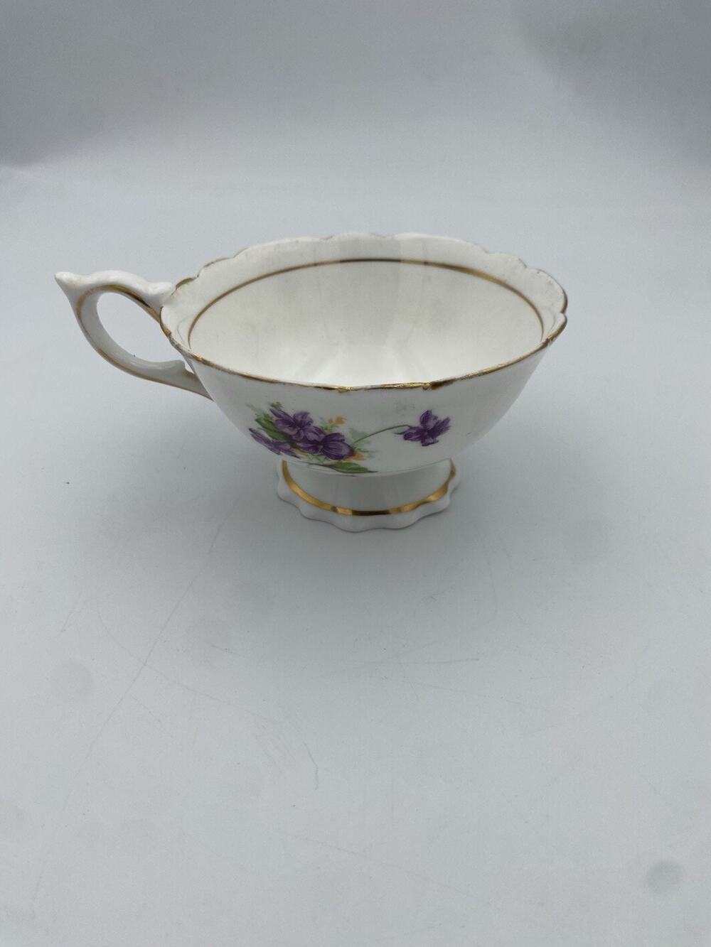 Woodlands Bone China Floral Painted Tea Cup White Purple Green Gold Trim